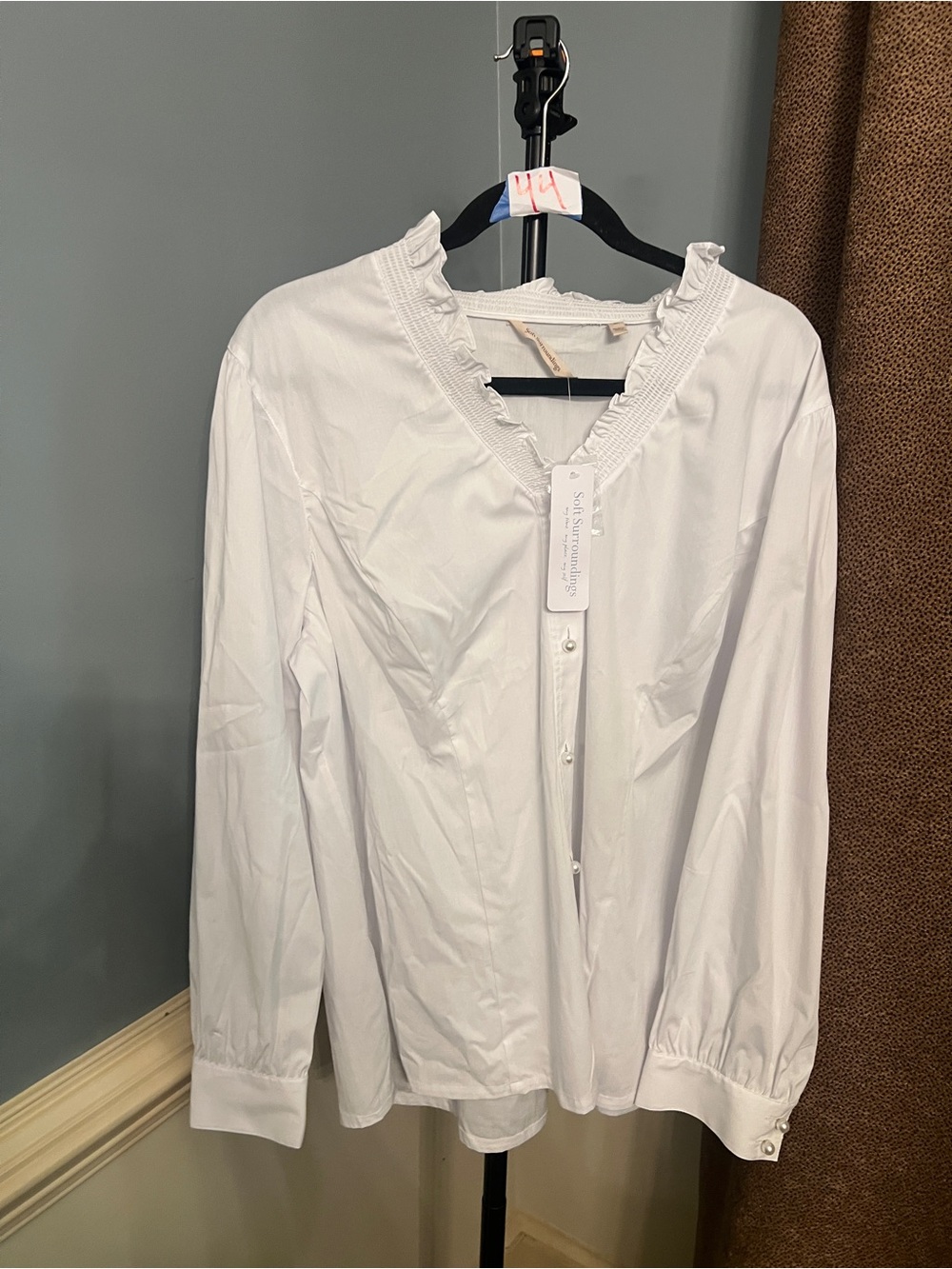 Soft Surroundings White Ruffled V-Neck Button Blouse